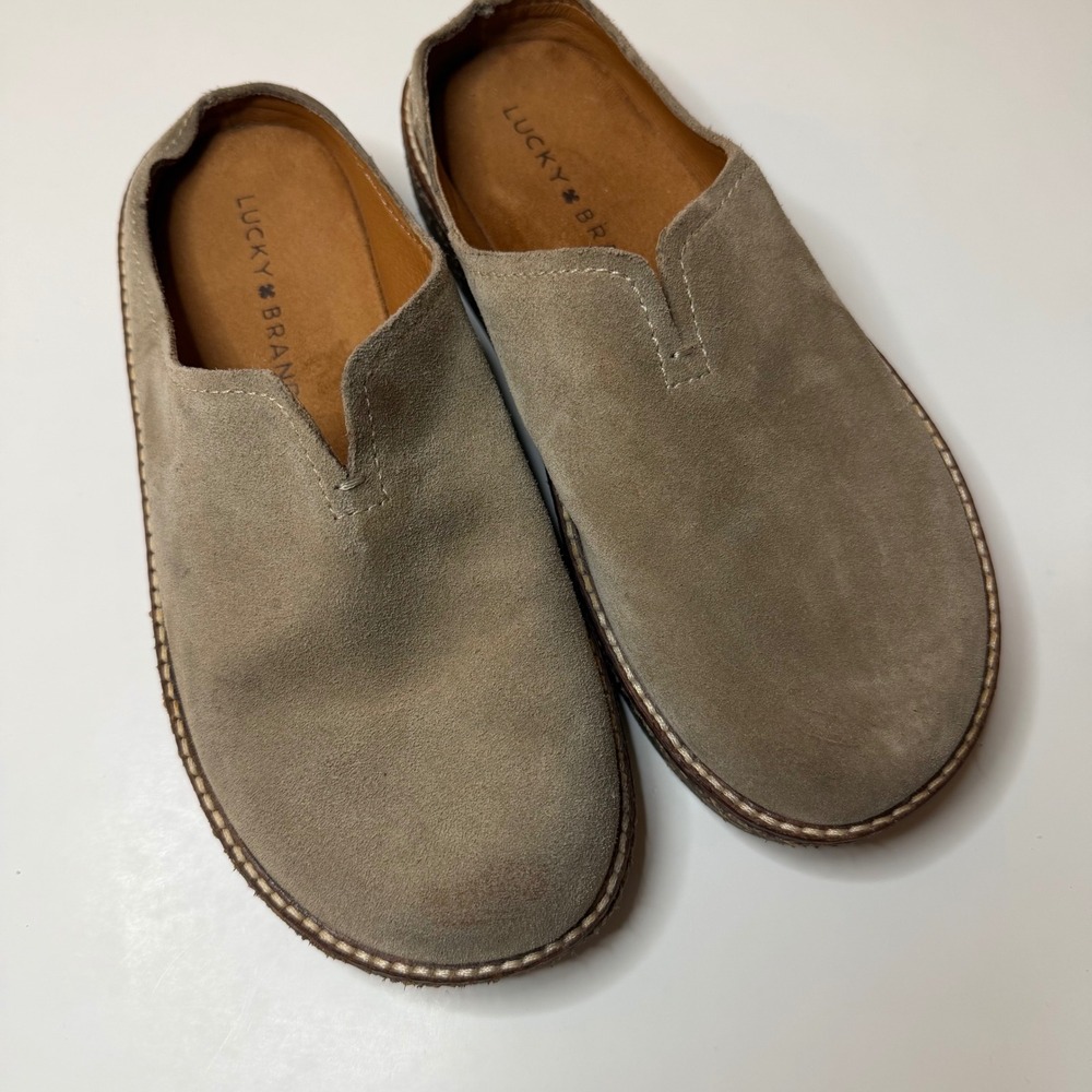 Lucky Brand Womens Suede Mules Taupe Cork Midsole Slip On Clogs Shoes Size 6.5